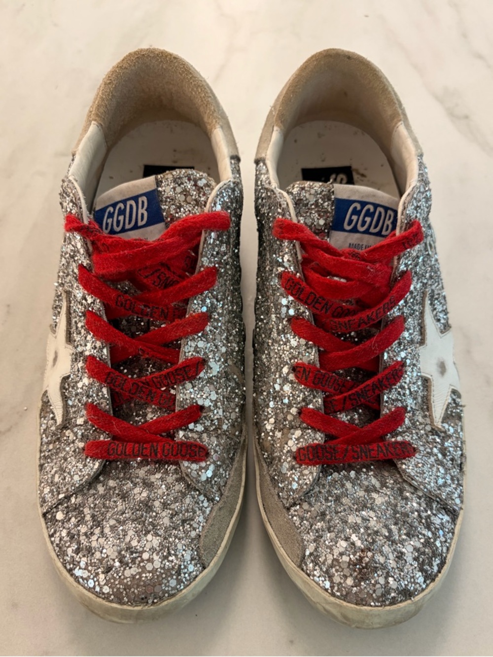 Golden Goose Super-Star Glitter Sneakers Red Laces Size 38 Distressed Star